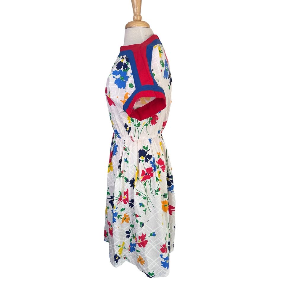 Vintage ‘70s ‘80s Bright Floral Midi Dress Size 12 SANS ÂGE Red Blue White Green - Picture 2 of 11